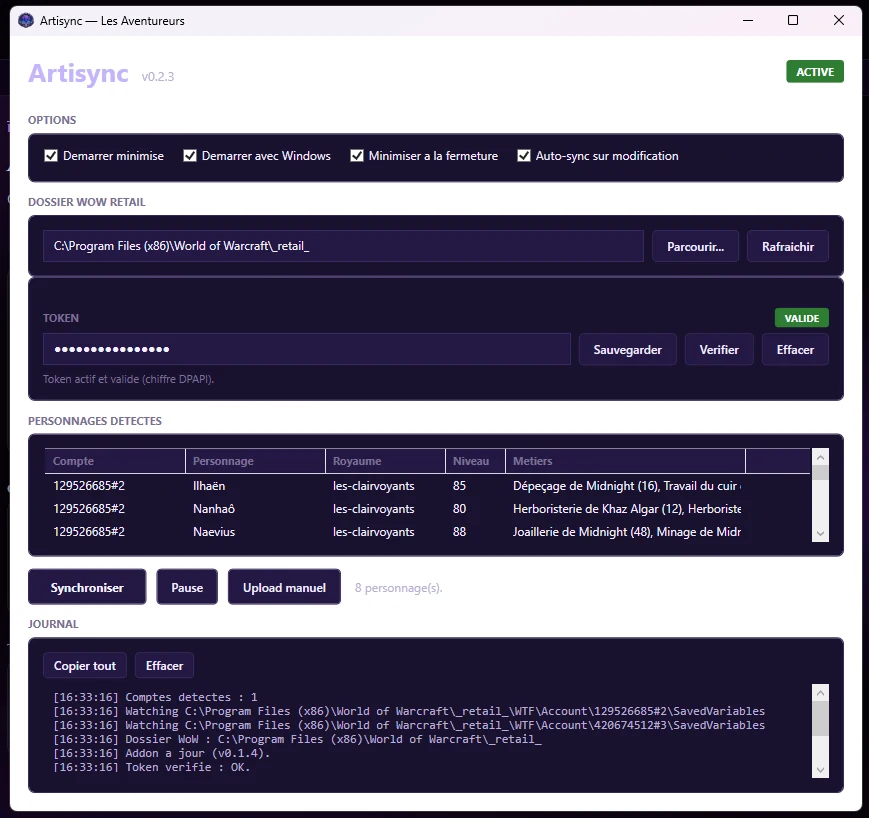 Fenêtre Artisync : code collé dans le champ Token et badge VALIDE vert