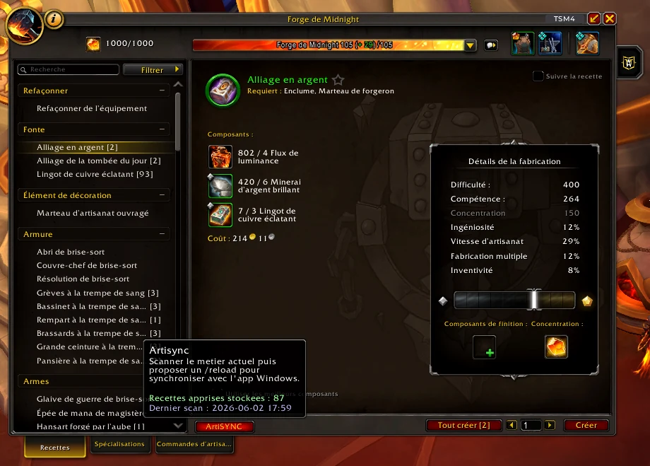 Fenêtre Métiers de WoW avec le bouton orange ArtiSYNC en bas