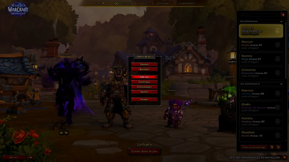 Menu de jeu de WoW avec le bouton Add-ons