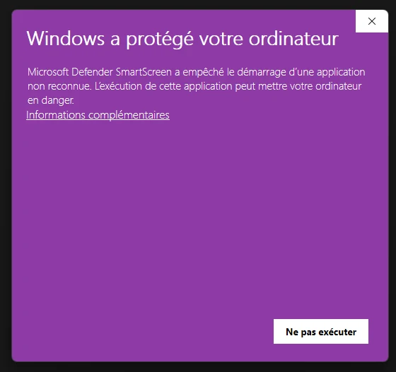 Écran bleu Windows : cliquer sur Informations complémentaires puis Exécuter quand même